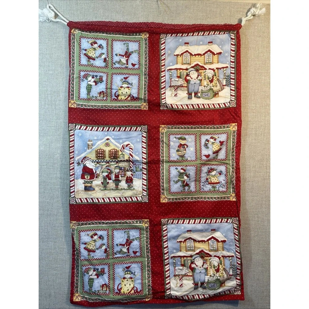 VTG Christmas Gift Bag 42x26 Reversible Cotton Drawstring Santa Holiday Decor
